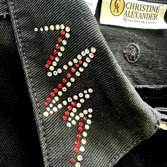 Christine Alexander Black Denim Jacket Sz L Swarovski Crystals Studs Motorcycle - Picture 7 of 10